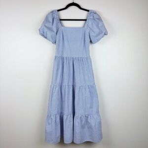 J. Crew Tiered Midi Dress Puff Sleeves Blue White Striped Size 0